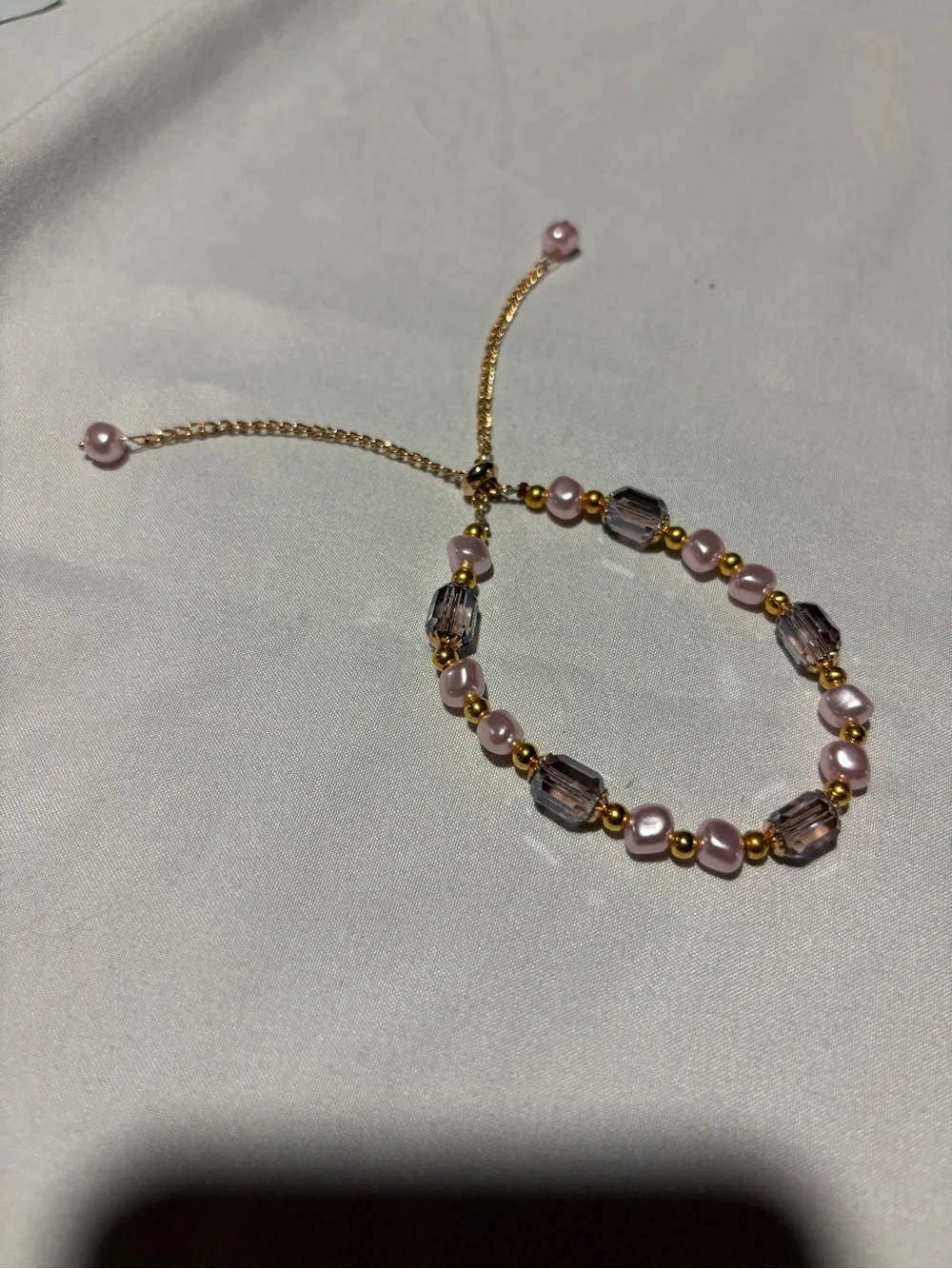 Pink Beaded Bracelet – Gold Tone Accents – Faceted Smoky Glass Beads – Adjustabl